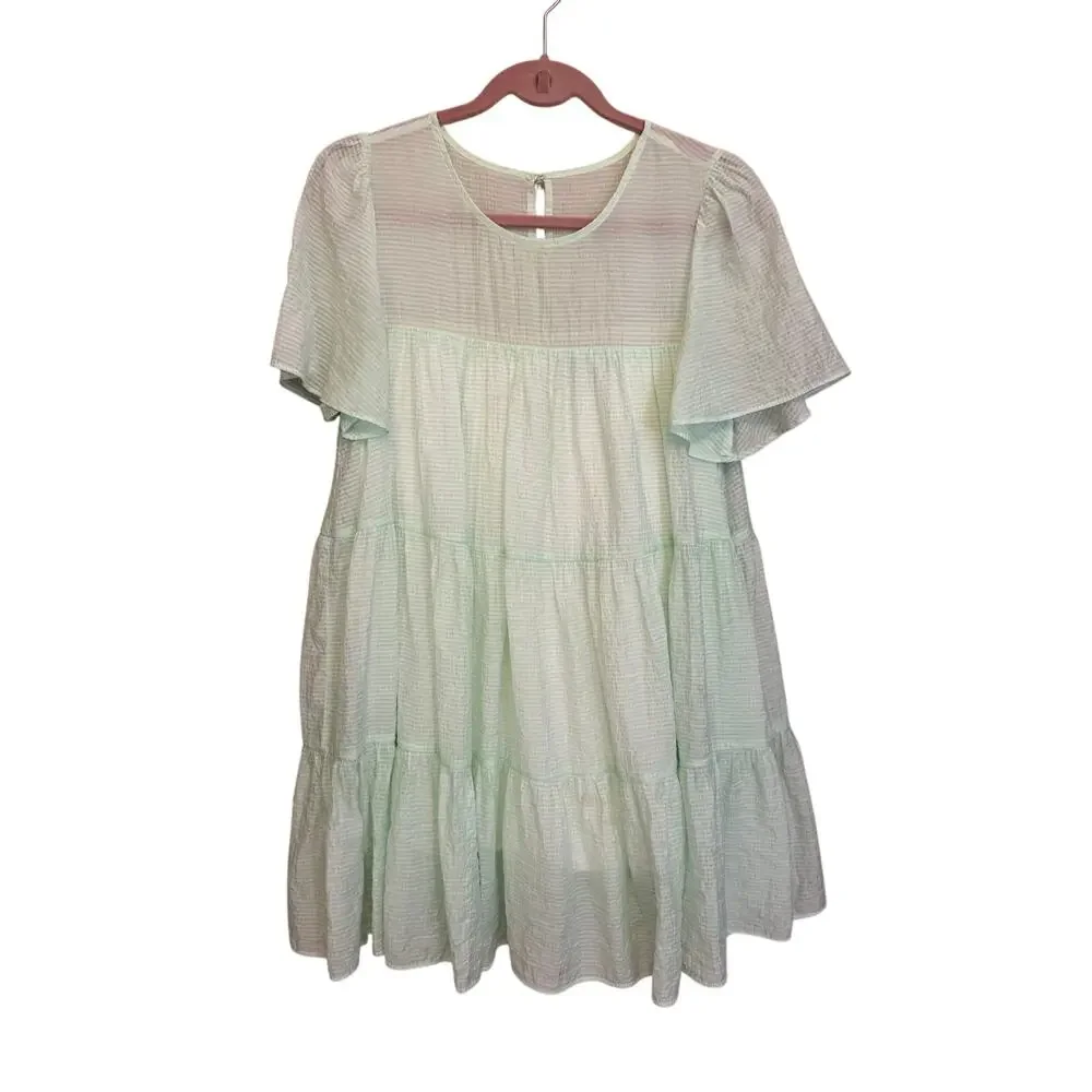 Lulus Tiered Mini Dress Medium Light Green Sheer Boho Cottagecore Cutesy Summer